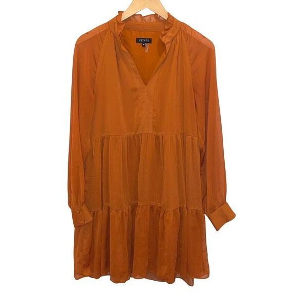 1.State Womens Split Neck Tiered Long Sleeve Lined Babydoll Mini Dress Burnt Ora - Picture 2 of 9
